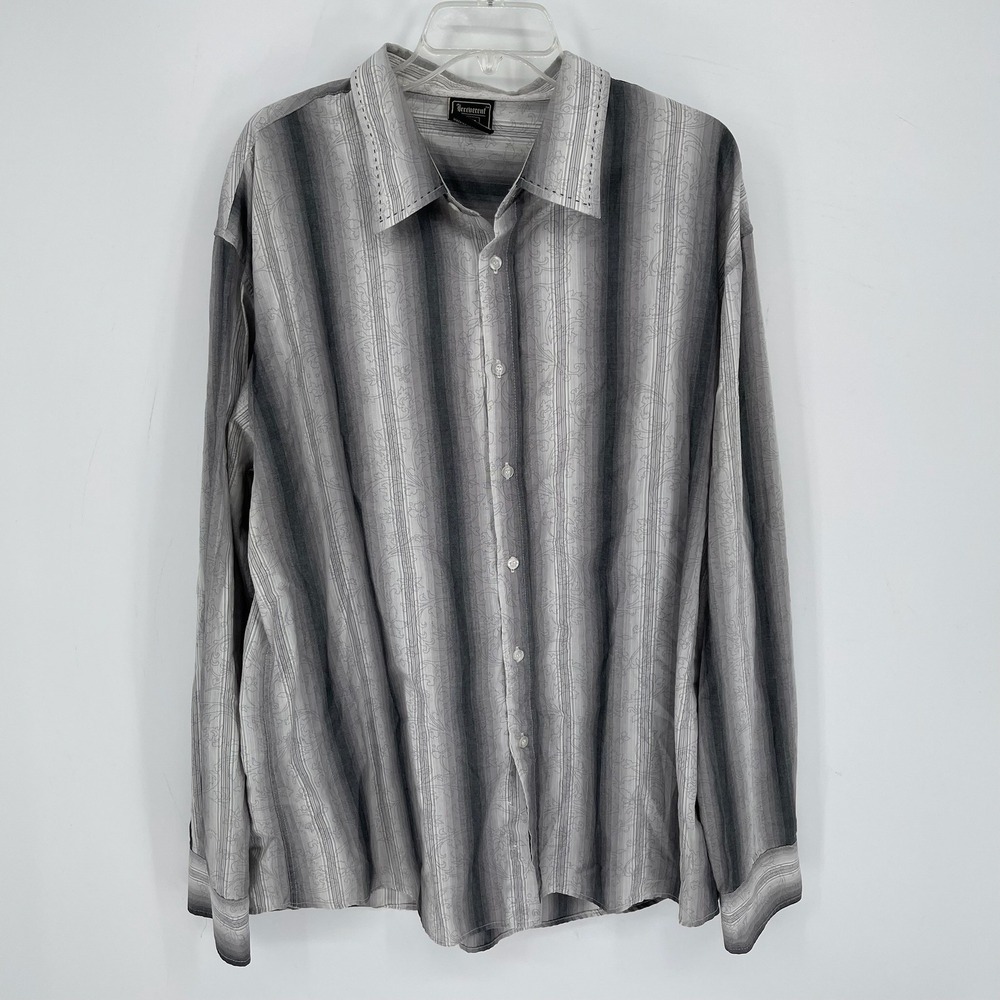 Irreverent Men's Y2K Gray Striped Floral Long Sleeve Button Front Shirt Size 2XL